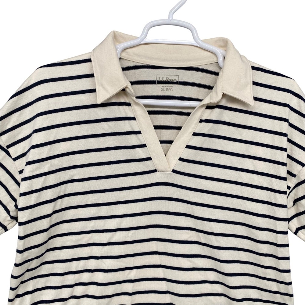 L.L. Bean Striped Polo Shirt V-Neck 3/4 Sleeve Women's XL REG Cream Navy - Picture 4 of 9